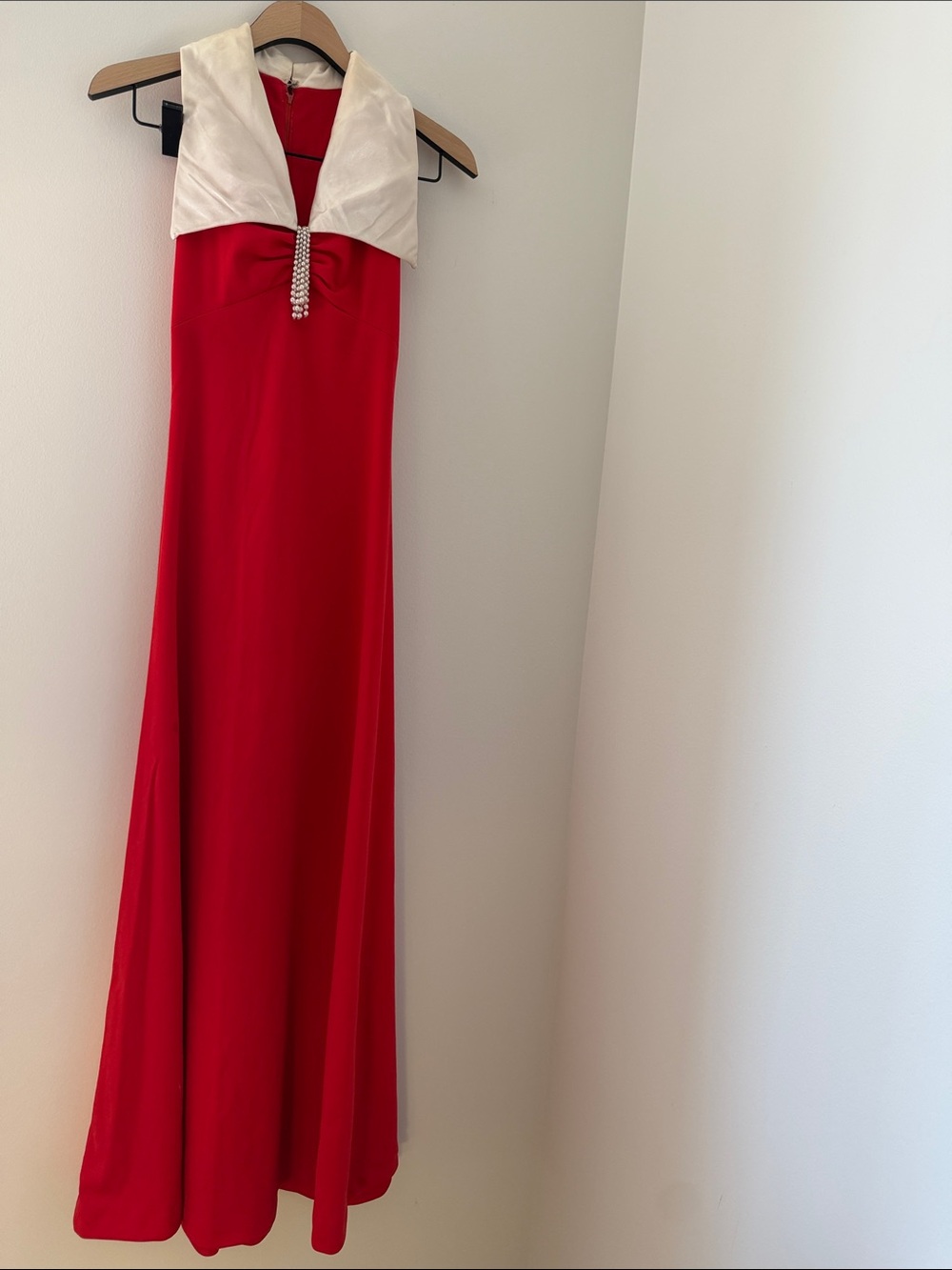 1960s Red Maxi Dress with Ivory Silk Sailor Fold-Over Collar